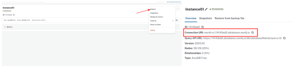 How to get the INSTANCE_URI of Neo4j AURADB instance by navigating to inspect button