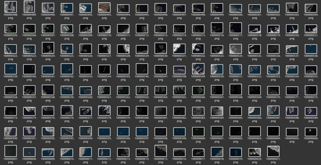 A grid view of images from the HRSC2016-MS dataset highlighting the biased train-test split issue. The test set predominantly contains smaller, cluttered ships, whereas the training set lacks such diversity. This imbalance leads to poor generalization, making it difficult for models to detect small ships effectively.