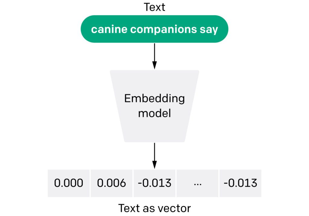 Diagram showing text input being transformed into a numerical vector by a text embedding model.