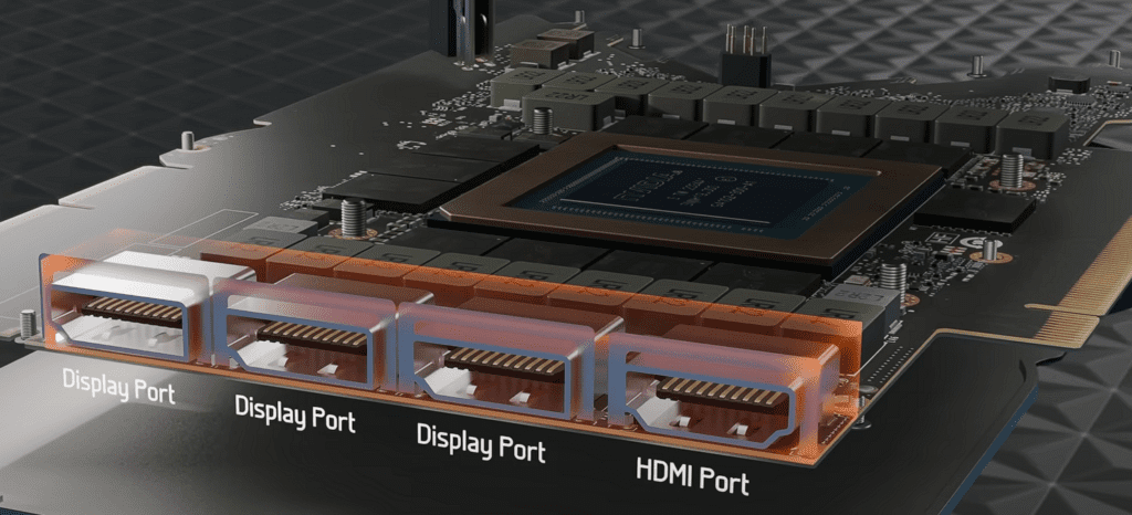 A rendered perspective of the graphics card’s PCB edge highlighting its video outputs. From left to right are three rectangular DisplayPort sockets, each labeled “Display Port,” followed by a slightly wider HDMI port labeled “HDMI Port.” Behind the ports, the PCB’s black substrate is visible along with surface-mounted components and the GPU die. Light reflections on the metal housings emphasize their in-situ placement for real-time video interfacing.