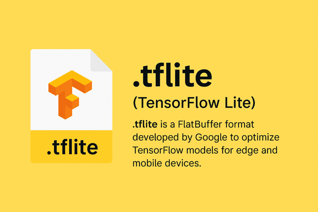 A vibrant yellow graphic illustrating the .tflite (TensorFlow Lite) format, with an icon and brief description emphasizing its use in optimizing TensorFlow models for efficient edge and mobile device inference.