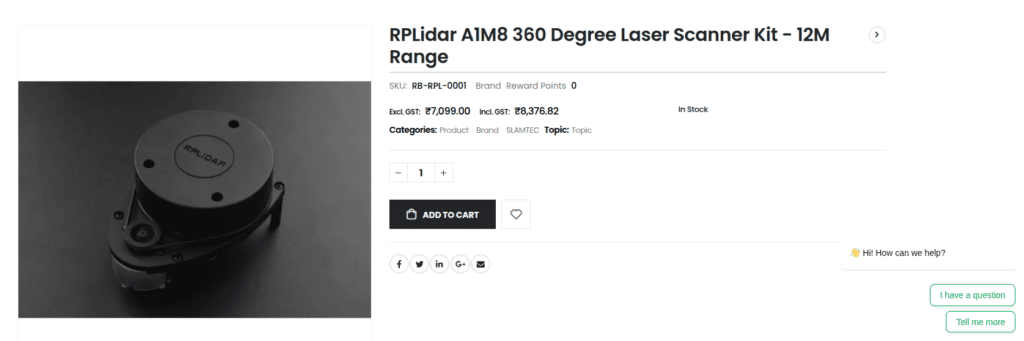 Screenshot of an e-commerce product page displaying the RPLidar A1M8 360 Degree Laser Scanner Kit. Includes product image, price, SKU, availability, social icons, and a chatbot prompt.
