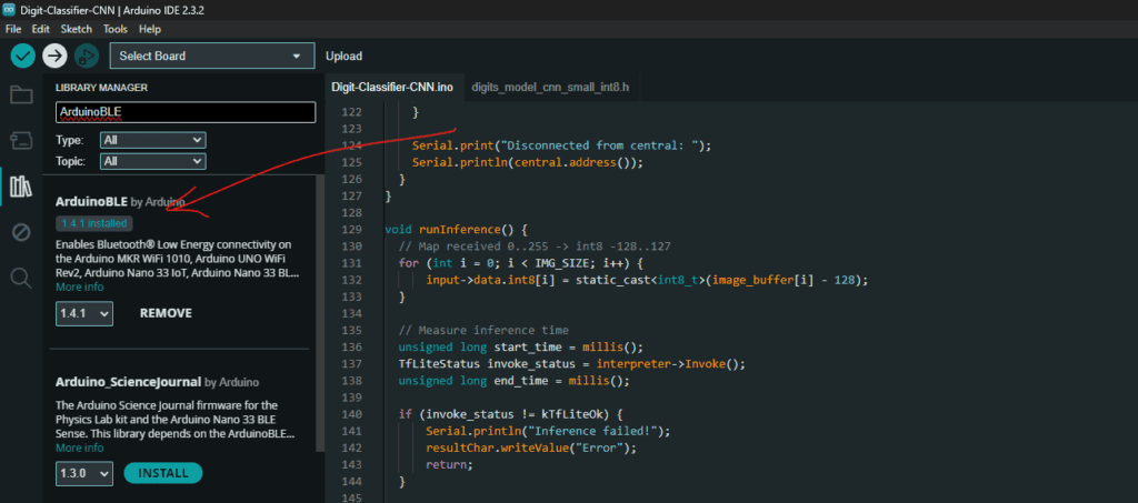 Installation of ArduinoBLE  for Deploying ML on Arduino