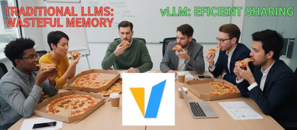 vLLM pizza slice analogy. While traditional LLMs wastes memory, vLLM optimized memory usage through pagedAttention and continuous batching