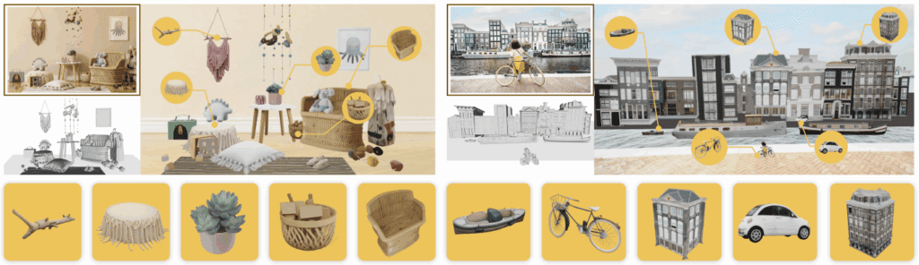 SAM 3D Reconstruction – LearnOpenCV A composite visual showing SAM 3D’s ability to extract and reconstruct detailed 3D objects from indoor and outdoor scenes. The image includes living-room decor, furniture pieces, bicycles, buildings, vehicles, and accessories, each highlighted with callouts and paired with their corresponding high-fidelity 3D reconstructions. Demonstrates SAM 3D’s generalization across categories and its capacity for full-scene, multi-object 3D reconstruction from a single 2D photograph.