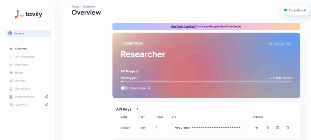 tavily free web search api 